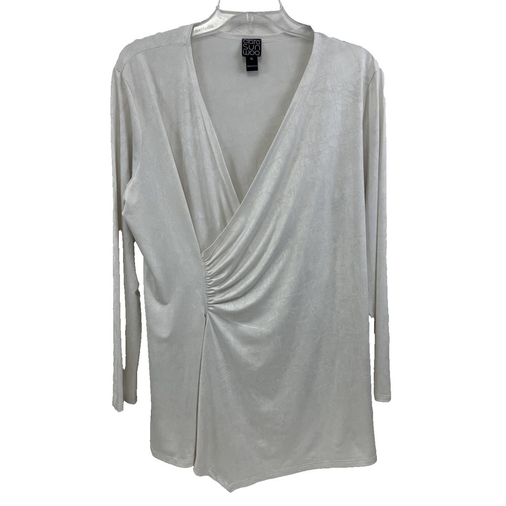 CLARA SUN WOO Knit Side Gathered Drape Tunic Wrap Top Size XL White Embossed USA